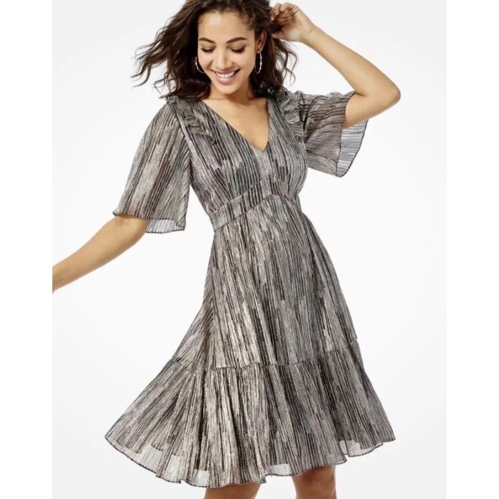 Lilly Pulitzer Racheli Dress 16 Midi Tiered Metallic Gold Berry Striped Ruffle